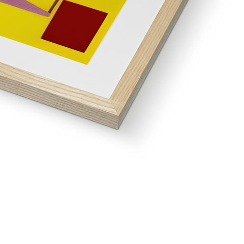 An art print sitting on a wooden frame, which is looking to the left.