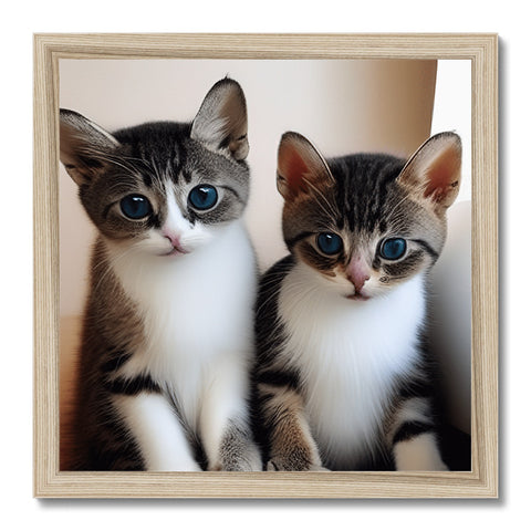 A picture of two gray and white cats sitting in a photo frame.