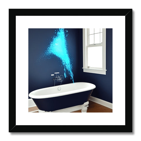 Black water splashes into the toilet and bathtub with an art print.