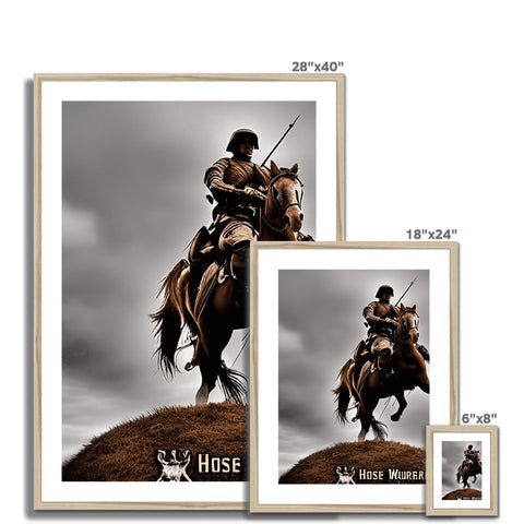 A man is riding a horse near some framed photos inside a wall.
