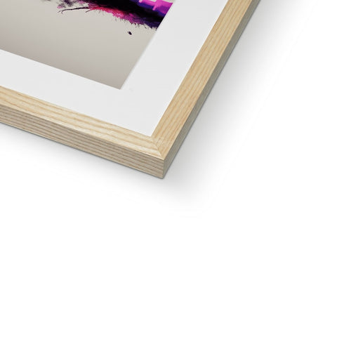 A picture of an abstract picture on a wood framed frame on a wall.