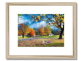 A framed picture with a picture of colorful fall trees on a white background.