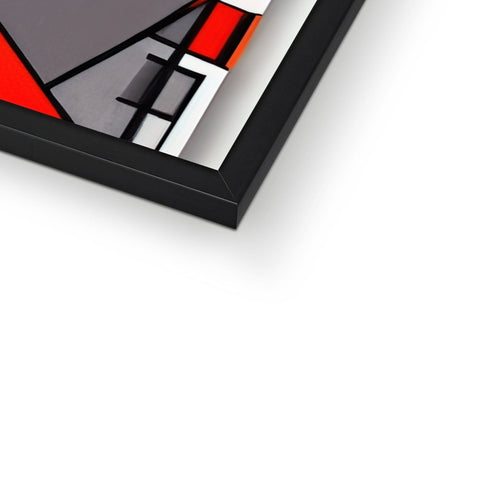 A red triangle print sit on top of a white and black oval picture frame.