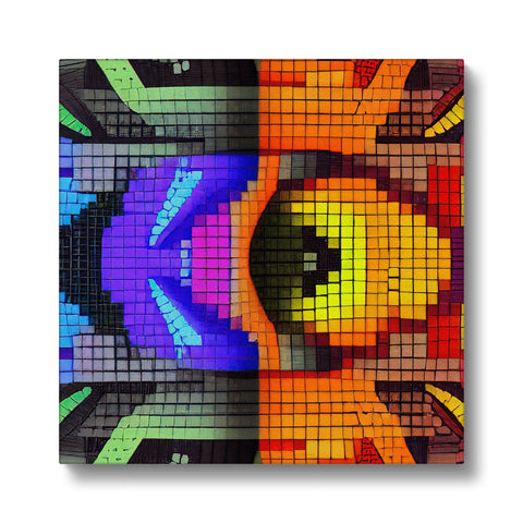 A piece of art print with colorful and rainbow tiles is on a large wall.