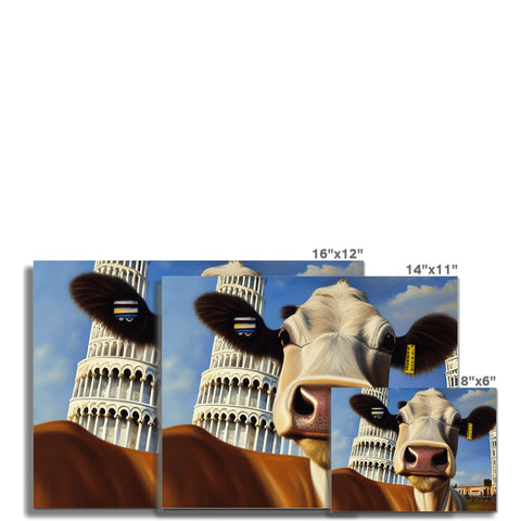 A couple of cows standing in front of a table next to many greeting cards and other
