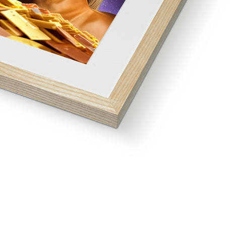 A picture of a gold framed photograph sitting on a wooden frame on top of a large