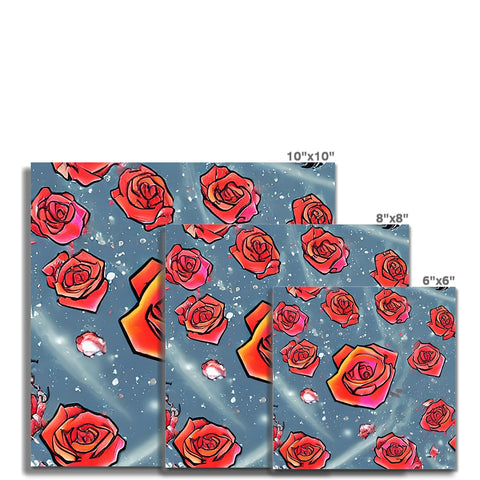 Large photo of roses on a blue cloth.