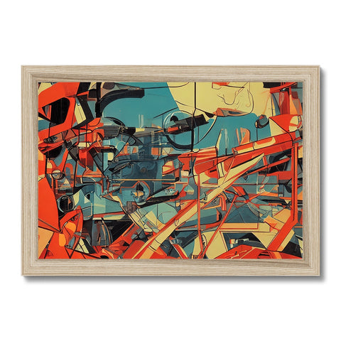 A framed picture of an abstract painting sitting on top of a photo frames.