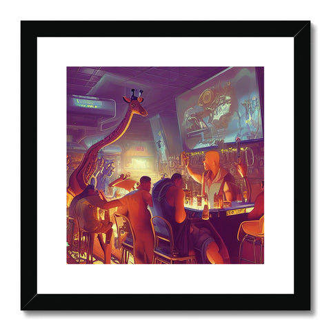 A group of young men enjoying a drink at a bar with a framed art print depicting