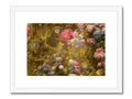 A gold framed art print on the wall in an almost red bowl that features flowers and