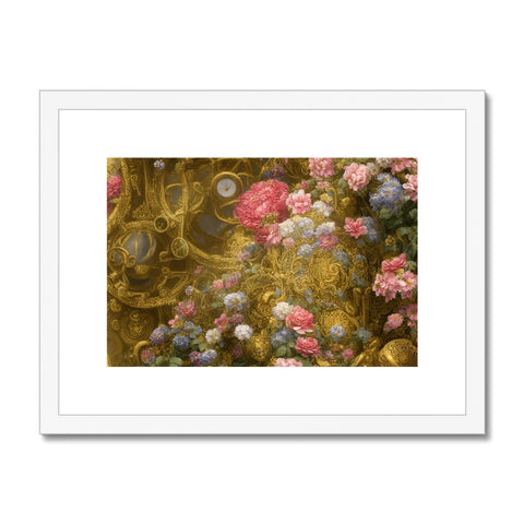 A gold framed art print on the wall in an almost red bowl that features flowers and