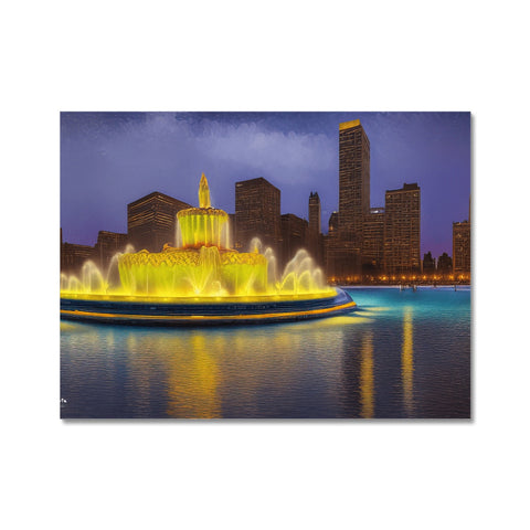 The large city skyline is lit up at night with a colorful art print of a cub