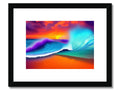 Art print of a wave breaking against mountains on sand.