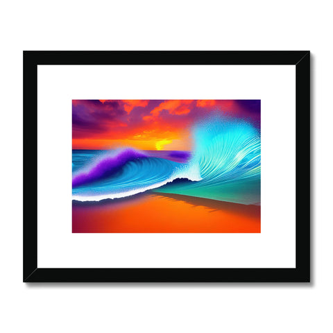 Art print of a wave breaking against mountains on sand.