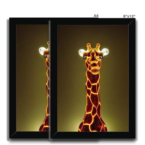 Two giraffes are standing next to each other during the night, looking in the