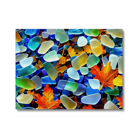 An art print on a tile sitting on tile with many colors of tiles on it.