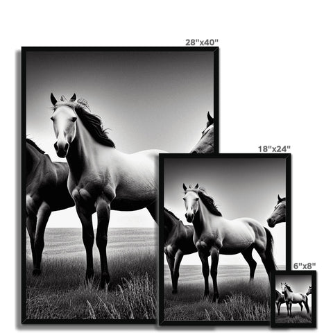 A horse stands in front of four mirrors in front a large white frame.