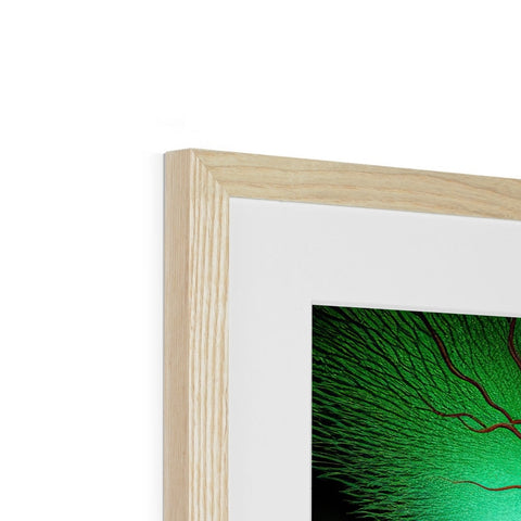 An image on a paper frame with an image by a wooden tree standing inside.