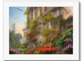 an art print that has a tropical photo of a landscape and trees with tropical plants.