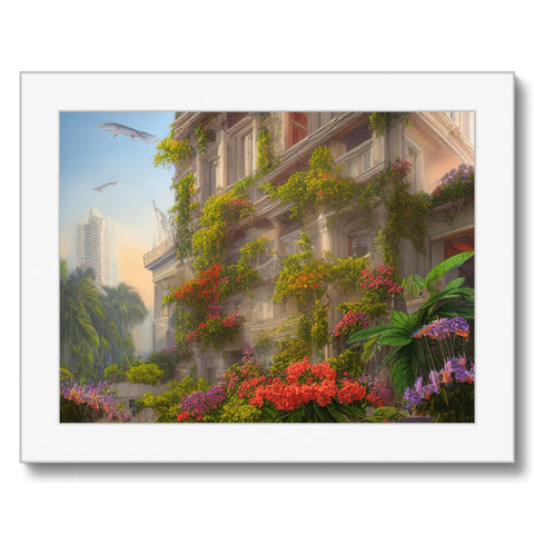 an art print that has a tropical photo of a landscape and trees with tropical plants.