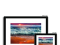 a picture of colorful images hanging on a picture frame with a white sunset on it