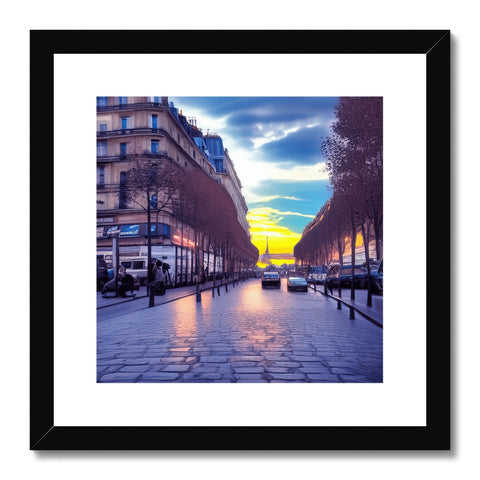 A white and gold framed art picture of a Paris street.