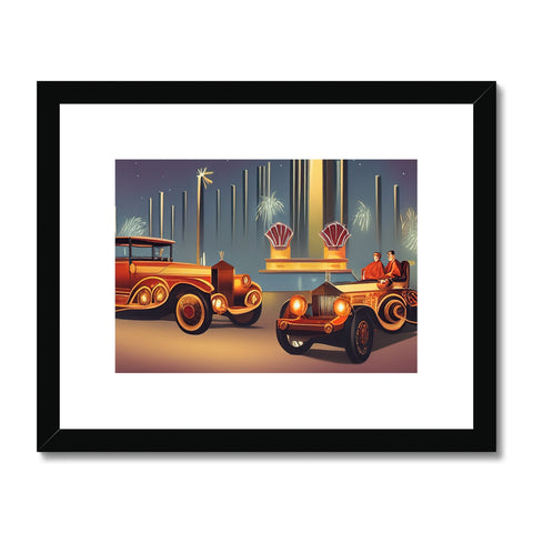 Several cars and a truck driving down a street along with an art print.
