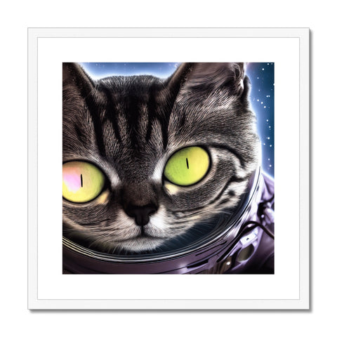 A cat standing in front of a picture of space with a cat holding a toy.