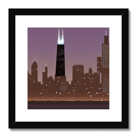 A framed art print of a city high above a skyscraper on the left of the
