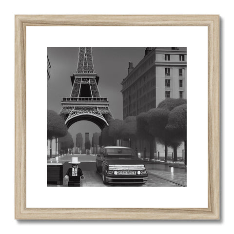 A picture of Paris is on a wooden frame hanging on a wall.