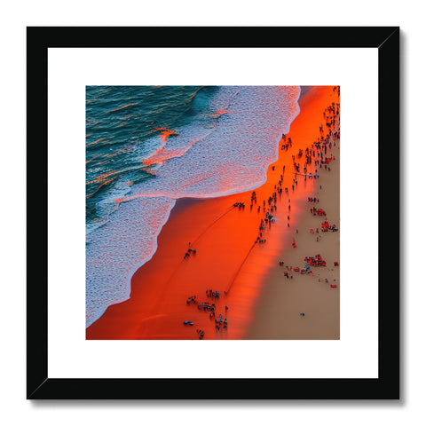 Art print on beach in the ocean with people going down the beach.