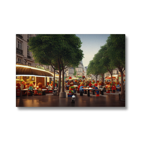 A place mat covered with artwork sits outside an outdoor square.