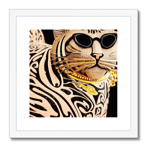 A tiger cat sitting with an  art print on a white frame in its mouth.