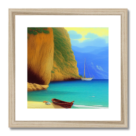 An art print hanging on a wooden frame of a sailing boat.