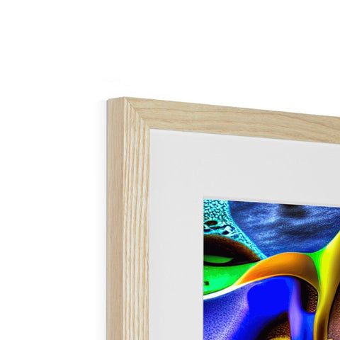 A picture frame standing inside of a large wood frame holding art on white canvas.