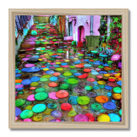 Several umbrellas decorated with colorful artwork on white tile next to a mirror and a