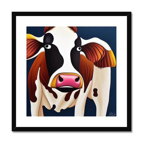 A cow on a brown background with a black background and a white border.