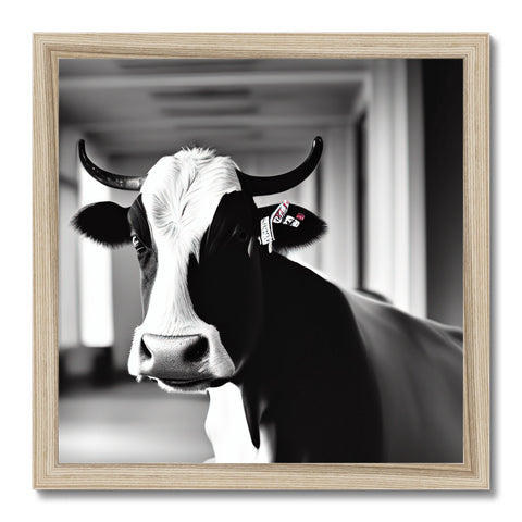 A cow looking at the camera on a large wooden frame