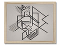 A geometric print on a wall of a wooden rectangle framed.