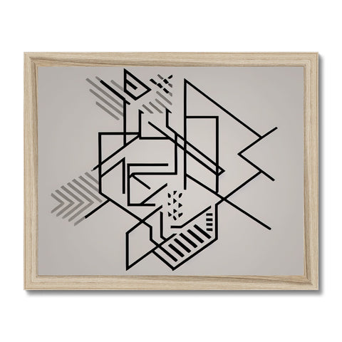 A geometric print on a wall of a wooden rectangle framed.