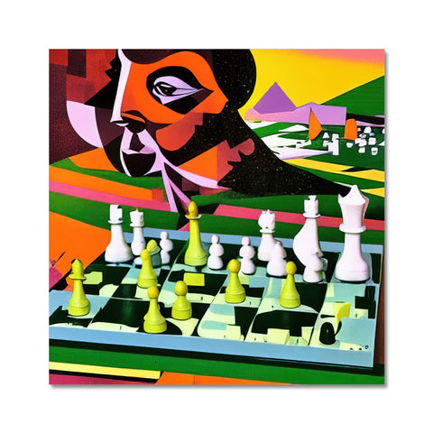 A square table with three chess pieces on it in an art print.