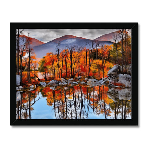 A wall hanging of a picture with foliage on it of mountains in autumn.
