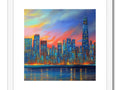 An art print of the colorful skyline of Chicago and a building on display.