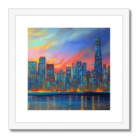 An art print of the colorful skyline of Chicago and a building on display.