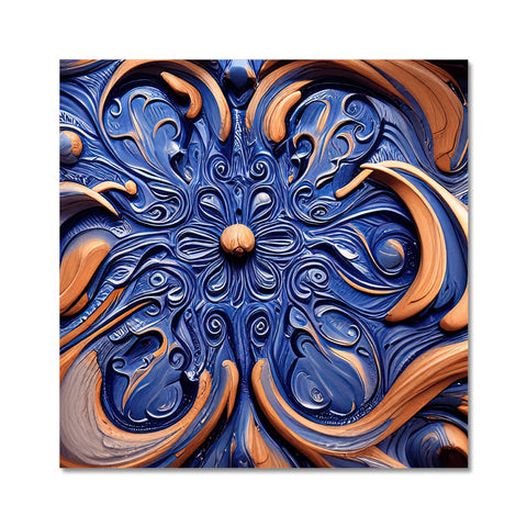An art print of an abstract design on wood tiles that is surrounded by flowers.