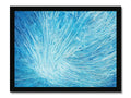 A large white art print on a wall showing waves.