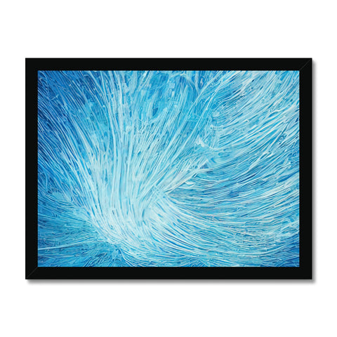 A large white art print on a wall showing waves.