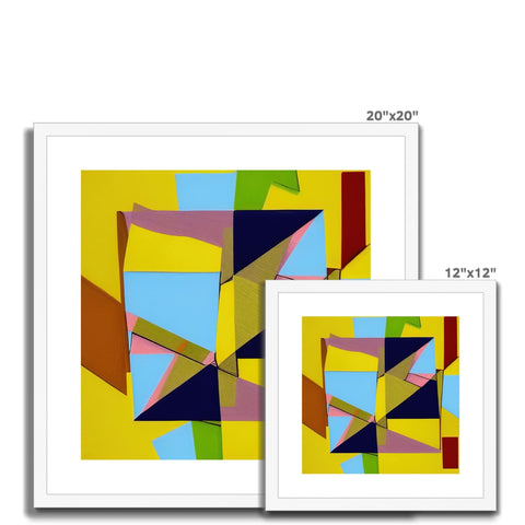 A picture with three images with different shapes on a square wall, framed in glass.
