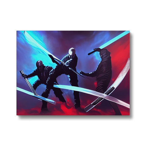 An art print of a picture of swords and people fighting in front of a wall.