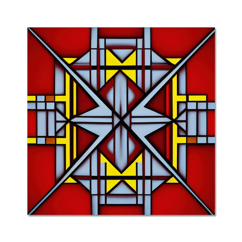 An abstract design of a white tile cross on a wall in a stained glass bathroom.